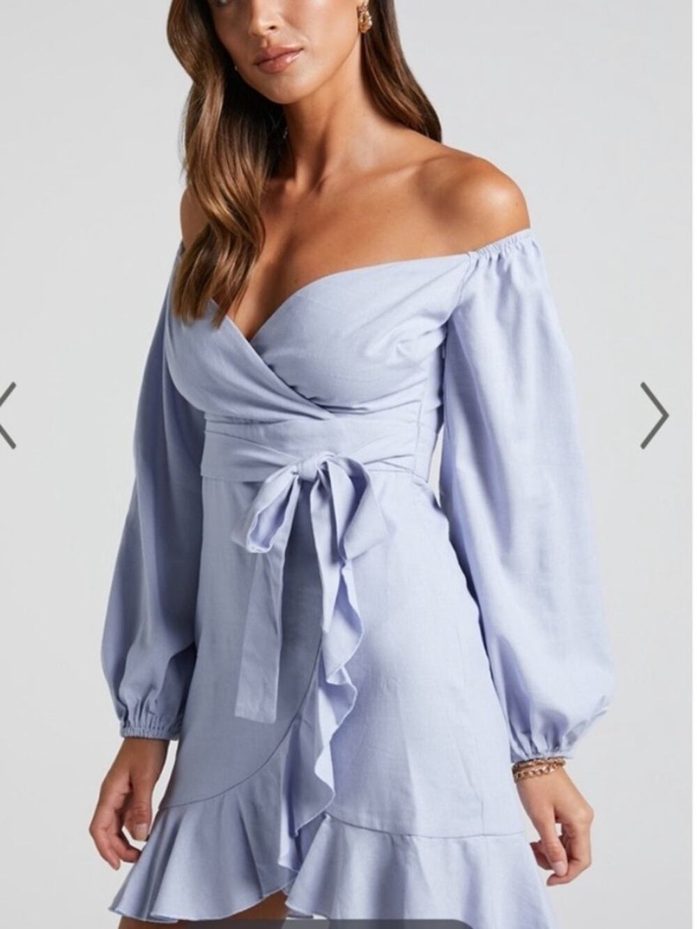 Showpo Can’t Move On Cotton Linen Off the Shoulder Ruffle Wrap Dress Blue Sz 6